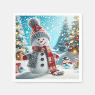 Serviette En Papier Bonhomme de neige debout dans un paysage hivernal