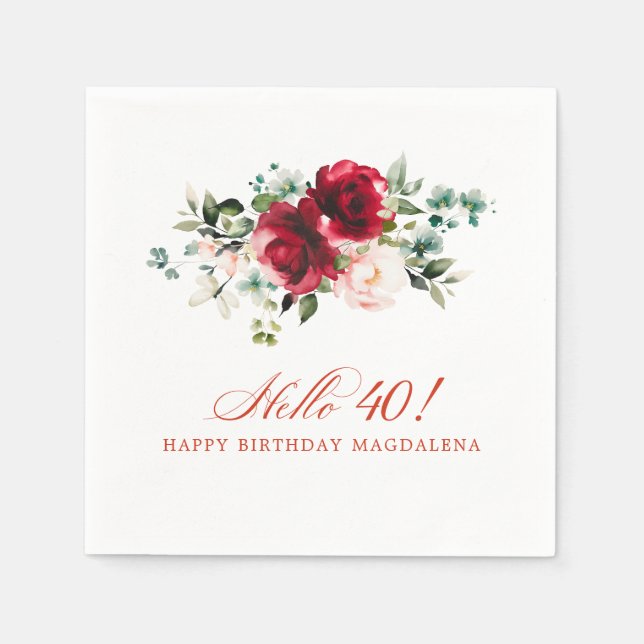 Serviette En Papier Bonjour 40 Anniversaire Fête Rouge Rose Floral (Devant)