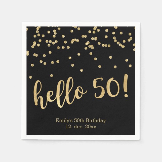Serviette En Papier Bonjour 50 Gold Confetti sur Black 50th Birthday (Devant)