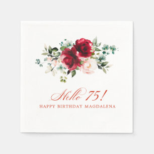 Serviette En Papier Bonjour 75 Anniversaire Fête Rouge Rose Floral