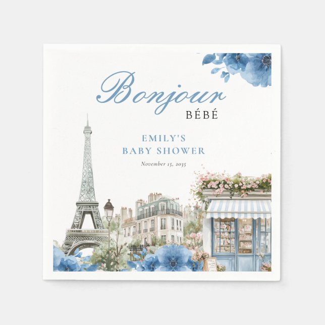 Serviette En Papier Bonjour Bebe French Blue Baby Shower (Devant)