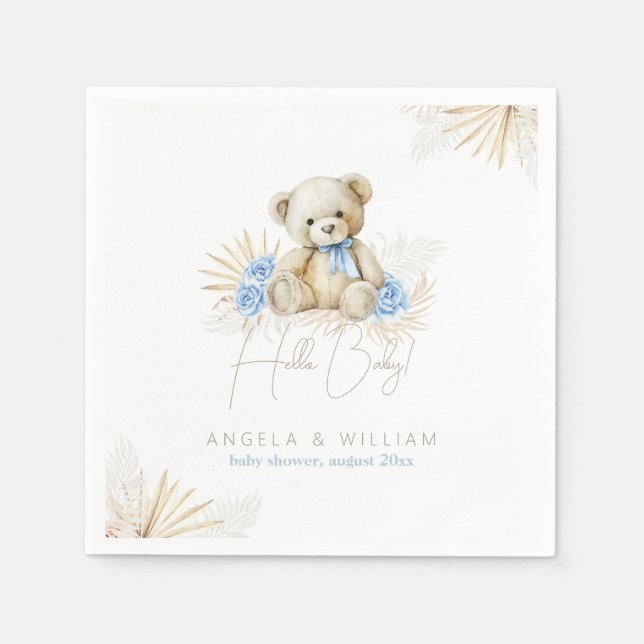 Serviette En Papier Bonjour bébé Teddy Bear Boho Blue Boy Baby shower (Devant)