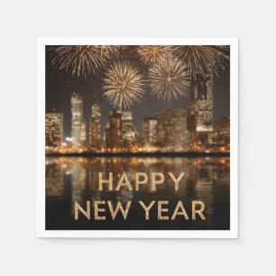 Serviette En Papier "Bonne année" avec feux d'artifice sur une ville
