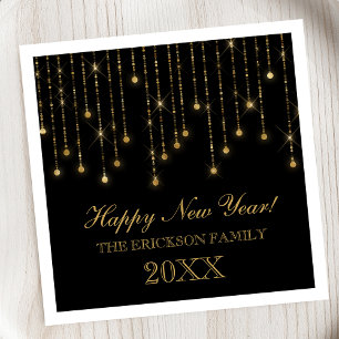 Serviette En Papier Bonne Année Guirlandes Lumineuses Dorées et Noires