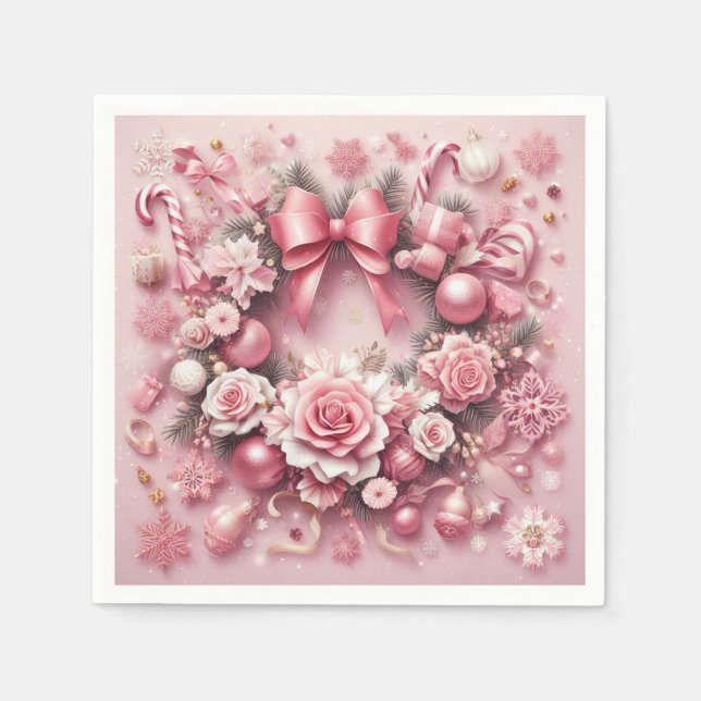 Serviette En Papier Bons de Noël rose magnifique couronne fleuris (Devant)