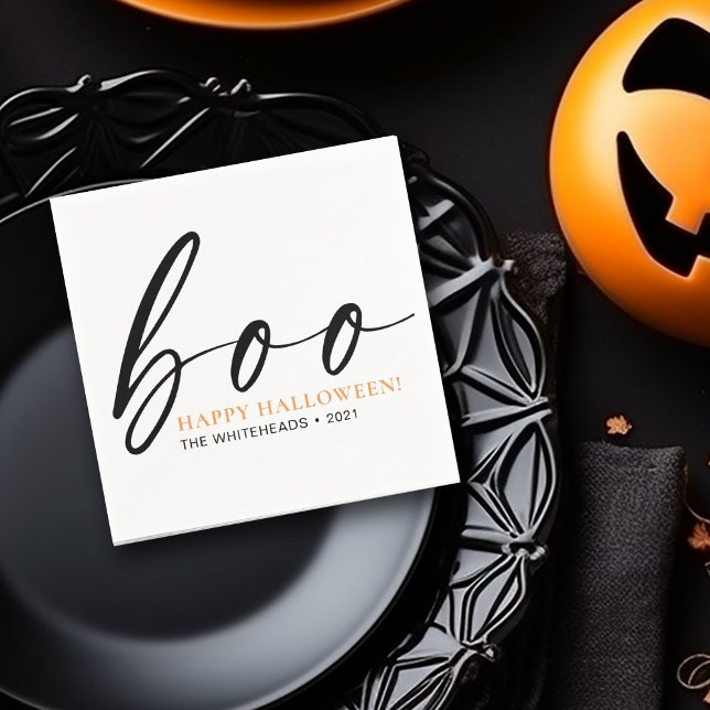 Serviette En Papier Boo Cute Happy Halloween Blanc (Boo! Minimalistic typography Halloween design in the colors black, orange and white napkin)