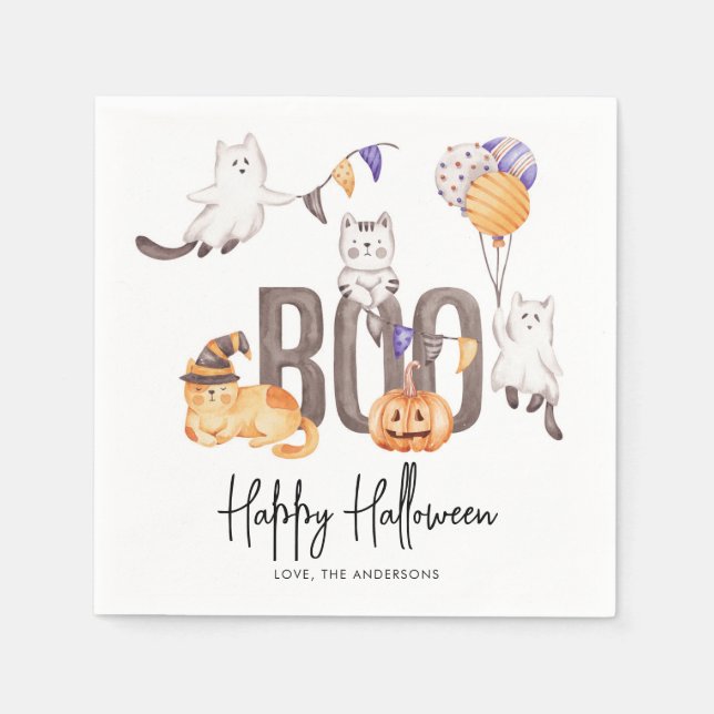 Serviette En Papier Boo Cute Kid's Happy Halloween Cats Ghosts Party (Devant)