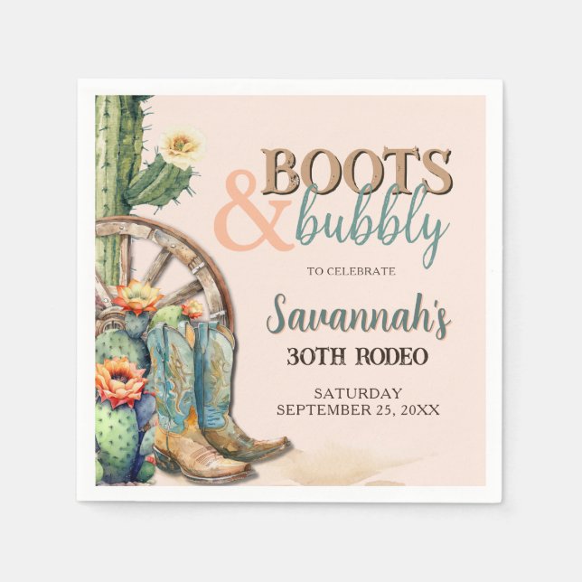 Serviette En Papier Boots et Bubbly Cowgirl Rodéo Cactus Anniversaire (Devant)