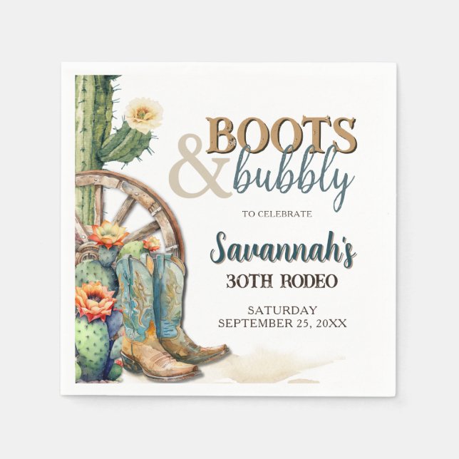 Serviette En Papier Boots et Bubbly Cowgirl Western Rodeo Anniversaire (Devant)