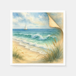 Serviette En Papier Bord de mer et voilier à l'aquarelle