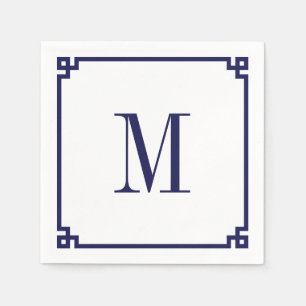 Serviette En Papier Bordure de clé grecque Navy Monogramme