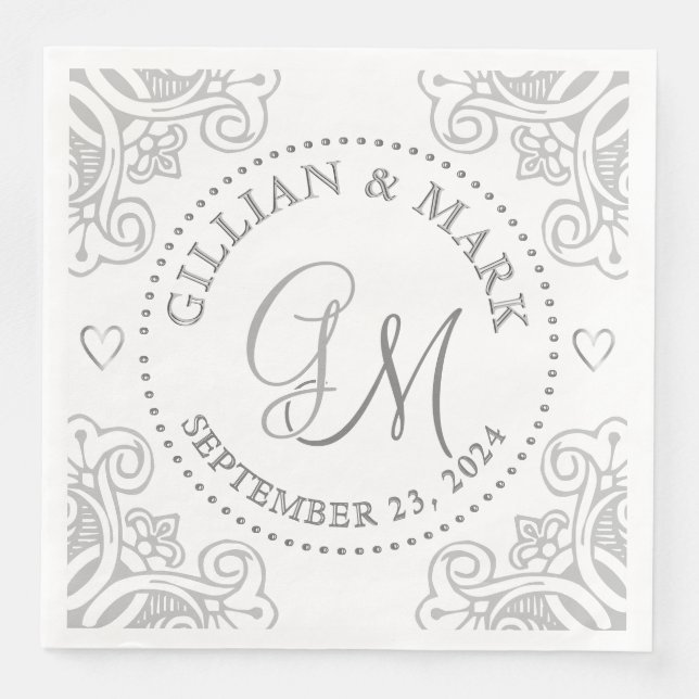 Serviette En Papier Bordure de coeur du Mariage d'argent monogramme (Devant)