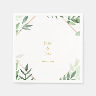 Serviette En Papier Bordure d'or, noms de Mariages feuille verts, réce
