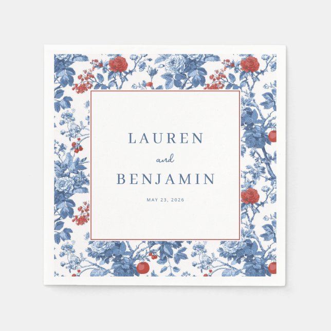 Serviette En Papier Bordure florale bleue élégante (Devant)