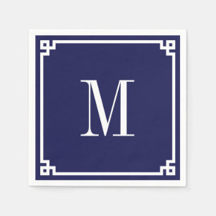 Serviette En Papier Bordure grecque Navy et Blanc Monogrammé