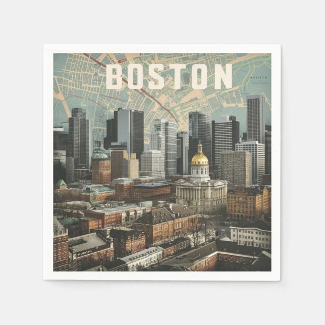 Serviette En Papier Boston, Boston Massachusetts City Skyline avec car (Devant)