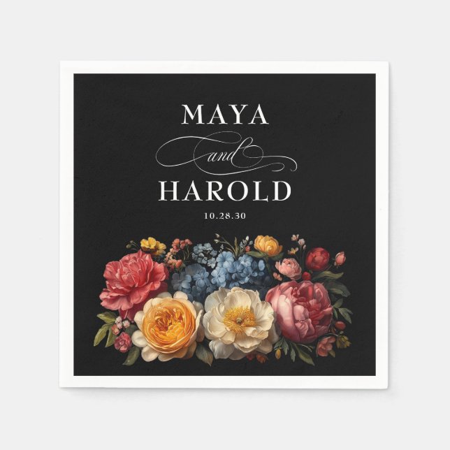 Serviette En Papier Botanique Floral Black Moody Mariage (Devant)