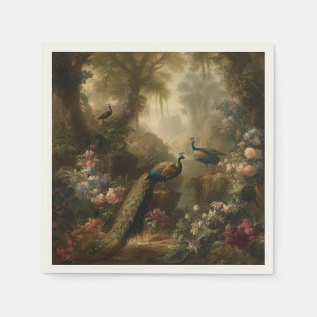 Serviette En Papier Botanique : trois paons dans le jardin anglais (Devant)