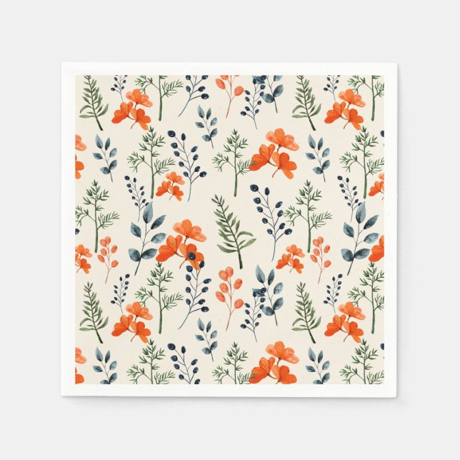 Serviette En Papier Botaniques en floraison Orange Floral Vert Branche (Devant)