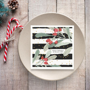 Serviette En Papier Botaniques rayées de fêtes de Noël en or