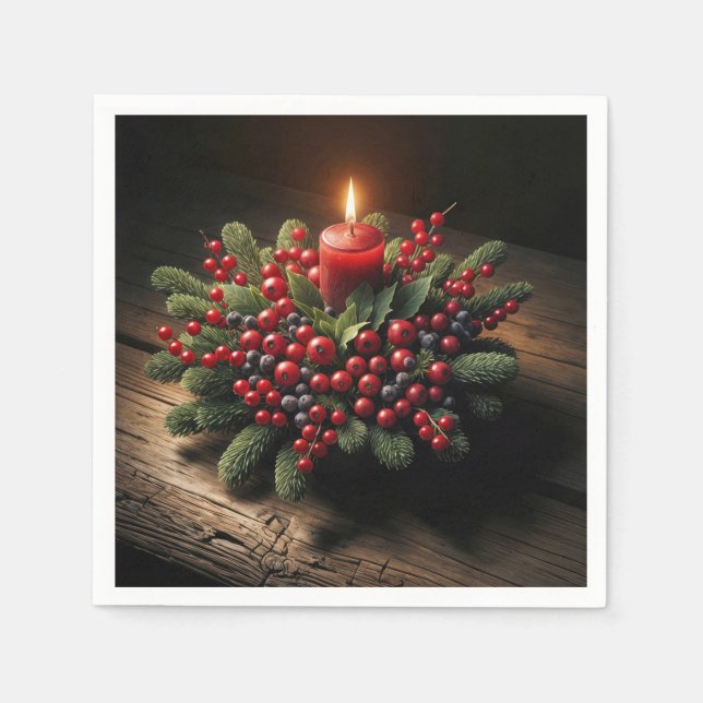 Serviette En Papier Bougie de Noël avec pin et baies (Devant)