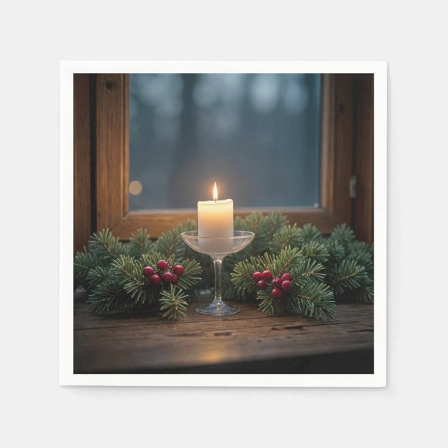 Serviette En Papier Bougie De Noël Par Fenêtre Ferme (Devant)