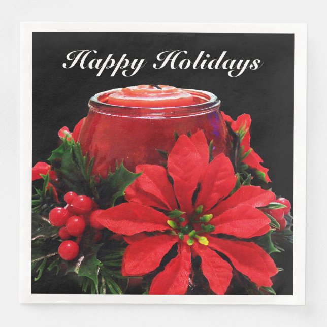 Serviette En Papier Bougie de Noël rouge, Holly et Poinsettia (Devant)