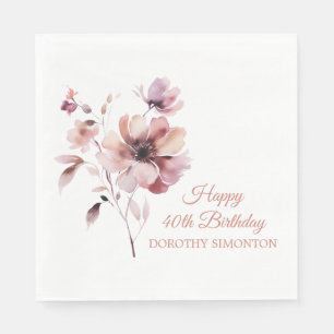 Serviette En Papier Bougogne rose floral personnalisé 40e anniversaire