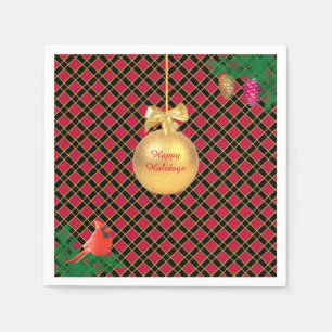 Serviette En Papier Boule de Noël, oiseau, pommes de pin sur fond noir