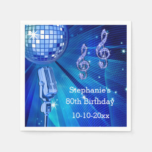 Serviette En Papier Boule disco bleue et microphone rétro 80e annivers