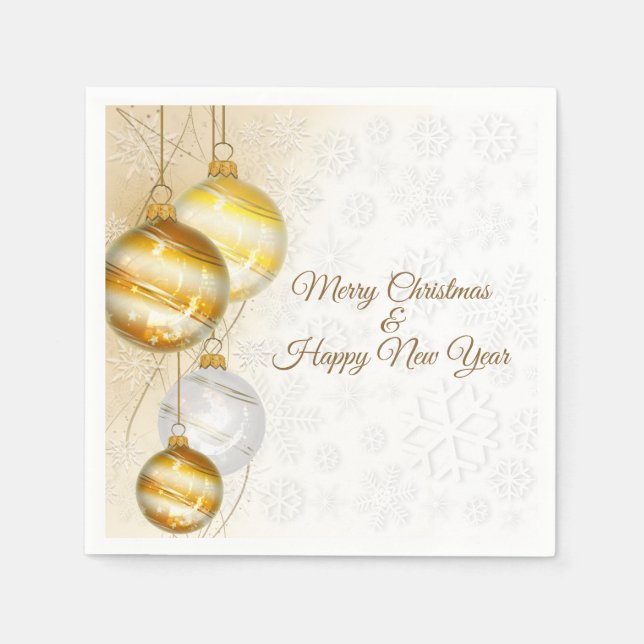 Serviette En Papier Boules De Noël Or Et Blanc (Devant)