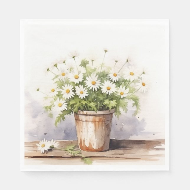 Serviette En Papier Bouquet Aquarelle Daisy En Pot (Devant)