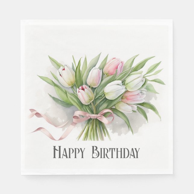 Serviette En Papier Bouquet d'anniversaire de Tulipe rose et blanc (Devant)