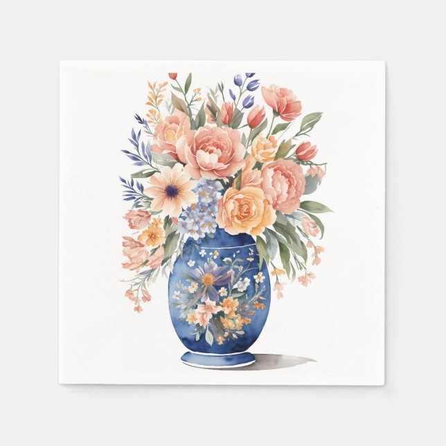 Serviette En Papier Bouquet de fleurs bleu Vase aquarelle peinture (Devant)