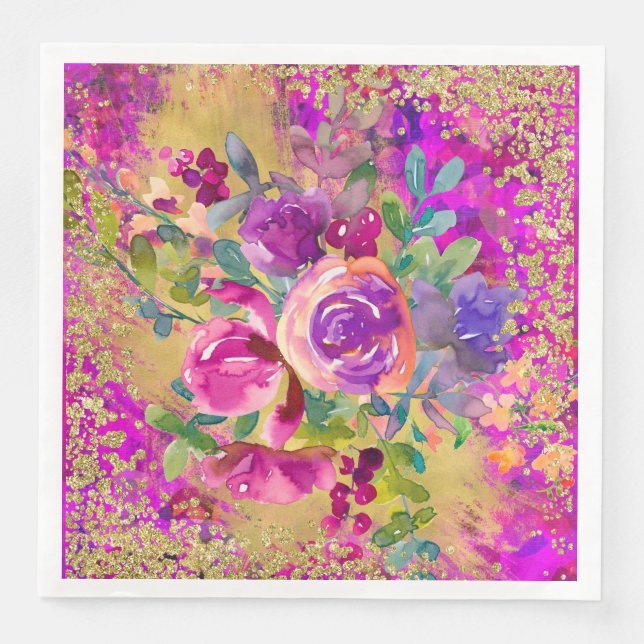 Serviette En Papier Bouquet de fleurs d'aquarelle sur Parties scintill (Devant)