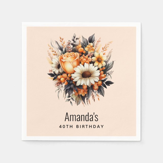 Serviette En Papier Bouquet de fleurs gris jaune orange Anniversaire (Devant)