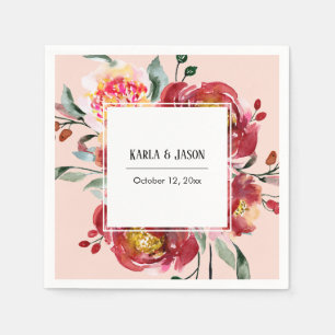 Serviette En Papier Bouquet de fleurs rouges avec noms et date sur fon