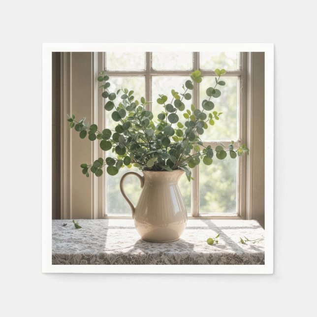 Serviette En Papier Bouquet Eucalyptus Sur Nappe De Dentelle (Devant)