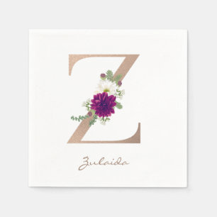 Serviette En Papier Bouquet floral Dahlia rose or monogramme z