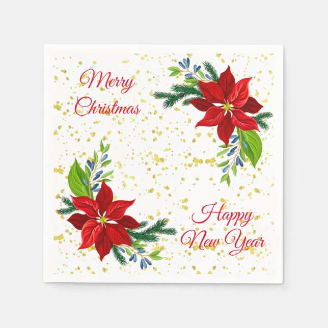 Serviette En Papier Bouquet floral Poinsettia, Joyeux Noël (Devant)