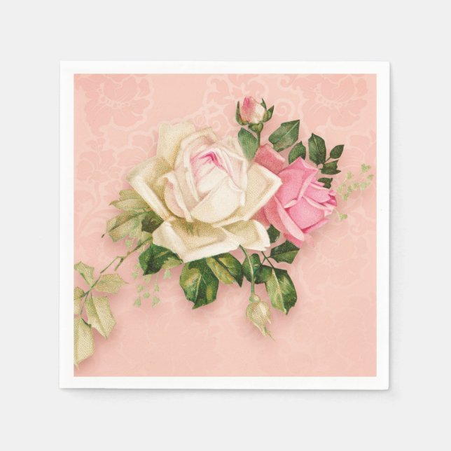 Serviette En Papier Bouquet rose et rose blanche (Devant)