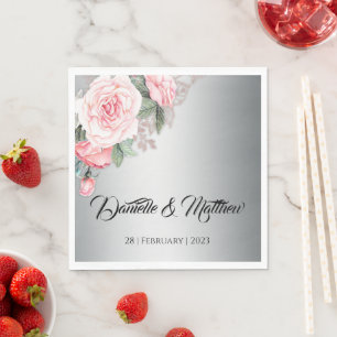 Serviette En Papier Bouquet rose floral sur Mariage argenté luxueux