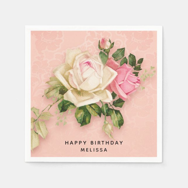 Serviette En Papier Bouquet Rose & Rose Blanc Elégant anniversaire (Devant)