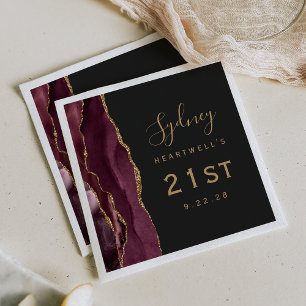 Serviette En Papier Bourgogne Agate Or Script Foncé 21ème Anniversaire