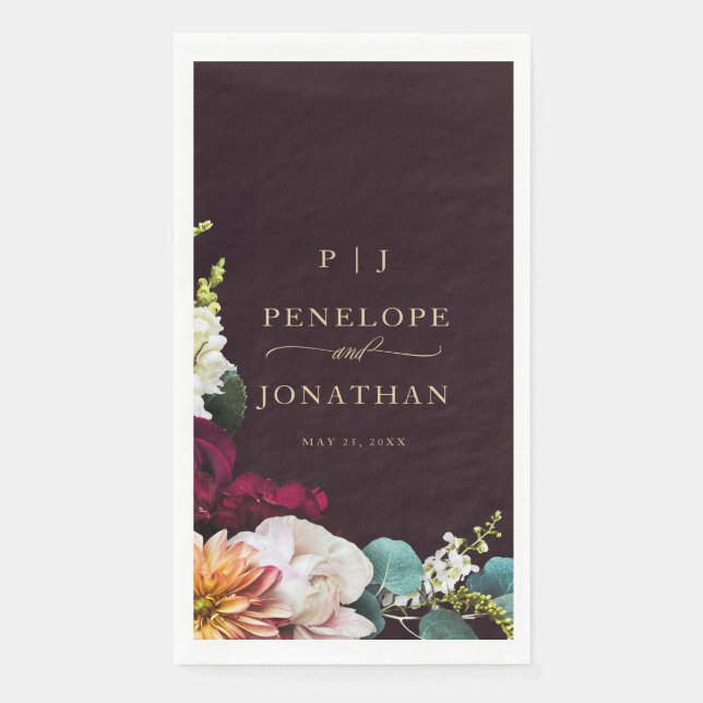 Serviette En Papier Bourgogne Automne Floral Or Monogramme Mariage (Devant)