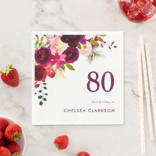Serviette En Papier Bourgogne Boho Floral 80e anniversaire Célébration