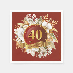 Serviette En Papier Bourgogne et or Floral 40e anniversaire Mariage