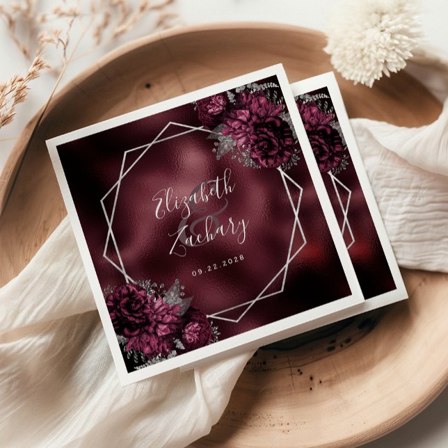 Serviette En Papier Bourgogne Floral Argent Mariage géométrique (Créateur téléchargé)