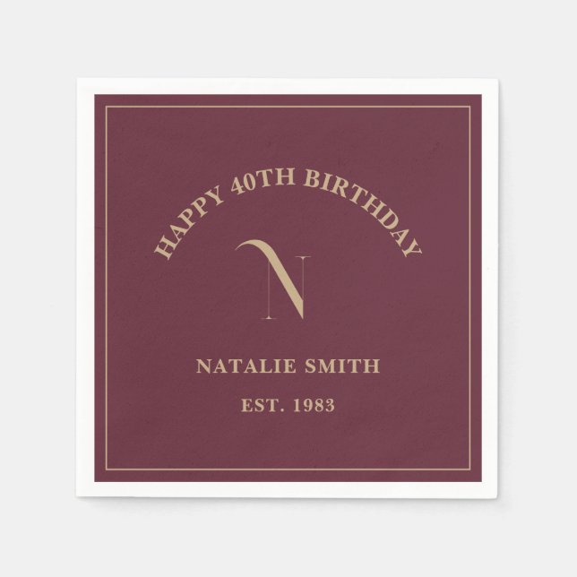 Serviette En Papier Bourgogne Gold Joyeux Anniversaire Monogramme init (Devant)