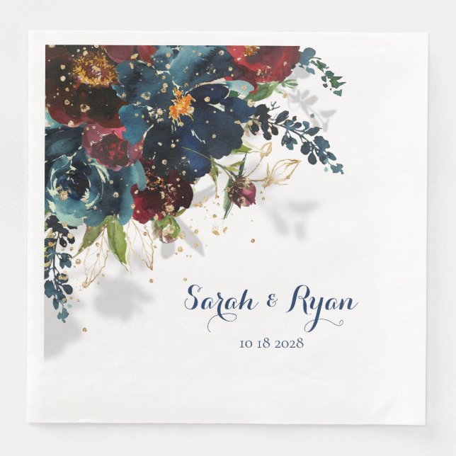 Serviette En Papier Bourgogne Marine Peony Sparkling Gold Floral Shado (Devant)